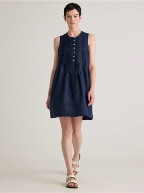 Quince 100% Linen Sleeveless Pintuck Swing Dress Navy Pockets Minimalist S